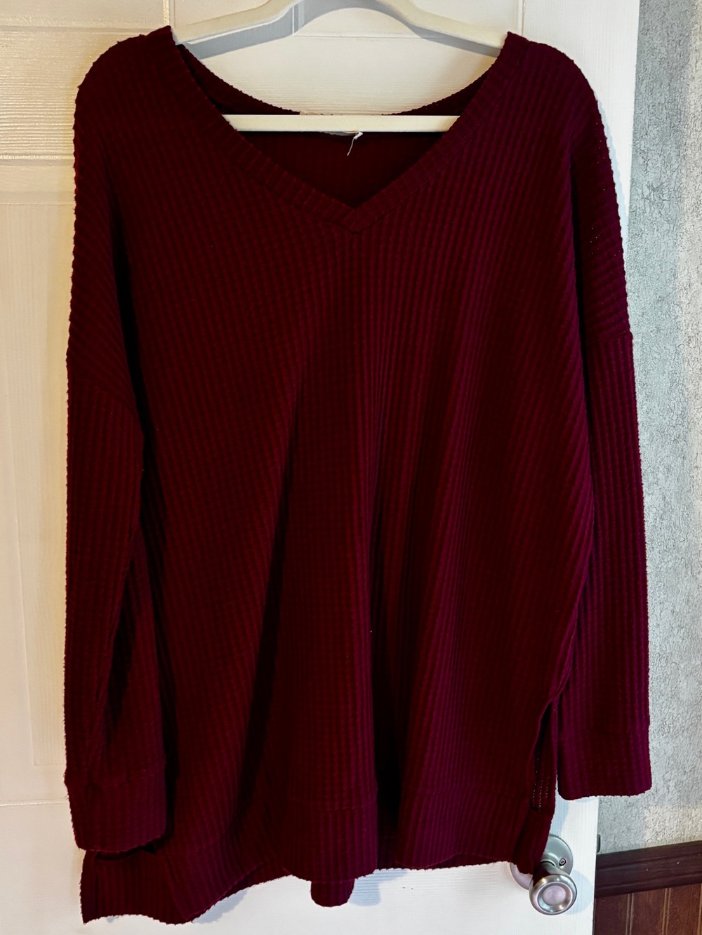 Zenana Burgundy Waffle Knit Oversized V Neck Sweater Top L